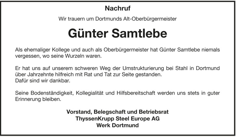  Traueranzeige für Günter Samtlebe vom 15.07.2011 aus 